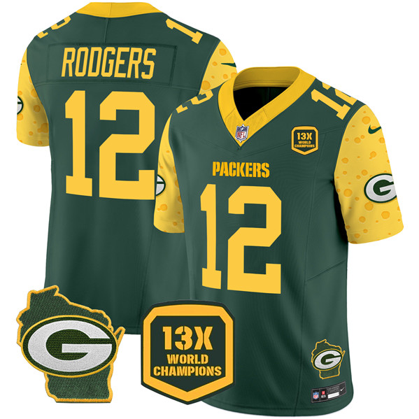 Men's Green Bay Packers #12 Aaron Rodgers Cheese Green 2024 F.U.S.E. 13 Time World Champions And Home Patch Vapor Untouchable Limited Stitched Football Jersey