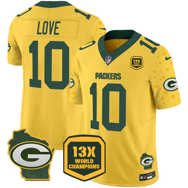 Men's Green Bay Packers #10 Jordan Love Cheese Gold 2024 F.U.S.E. 13 Time World Champions And Home Patch Vapor Untouchable Limited Stitched Football Jersey