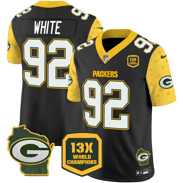 Men's Green Bay Packers #92 Reggie White Cheese Black 2024 F.U.S.E. 13 Time World Champions And Home Patch Vapor Untouchable Limited Stitched Football Jersey