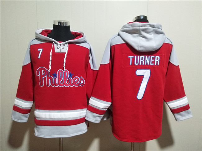 Men's Philadelphia Phillies #7 Trea Turner Red Ageless Must-Have Lace-Up Pullover Hoodie