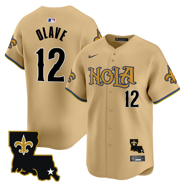 Men's New Orleans Saints #12 Chris Olave Gold Cool Base Stitched Baseball Jerseys