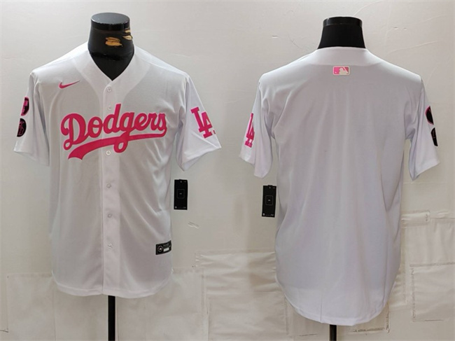 Men's Los Angeles Dodgers Blank White Pink Vin & Kobe Patch Stitched Baseball Jersey