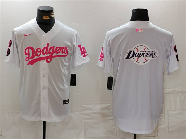 Men's Los Angeles Dodgers Team Big Logo White Pink Vin & Kobe Patch Stitched Baseball MLB Jersey