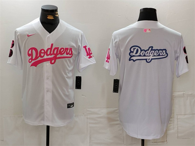 Men's Los Angeles Dodgers Big Team Logo White Pink Vin & Kobe Patch MLB Stitched Baseball Jersey