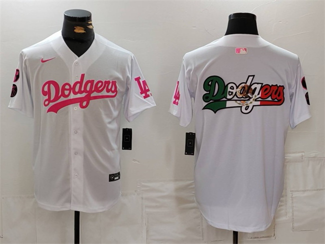 Men's Los Angeles Dodgers Big Team Logo White Pink Vin & Kobe Patch Stitched Baseball Jersey