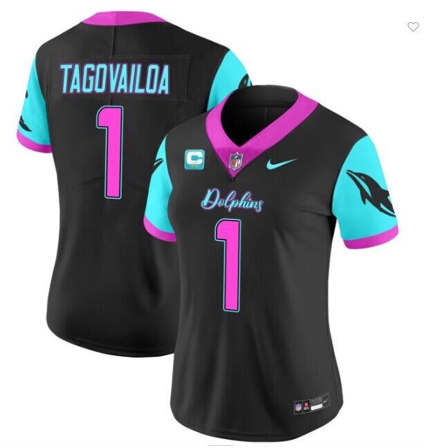 Women's Miami Dolphins #1 Tua Tagovailoa Black F.U.S.E. With 2-star C Patch 'Miami Vice' Vapor Limited Stitched Football Jersey(Run Small)