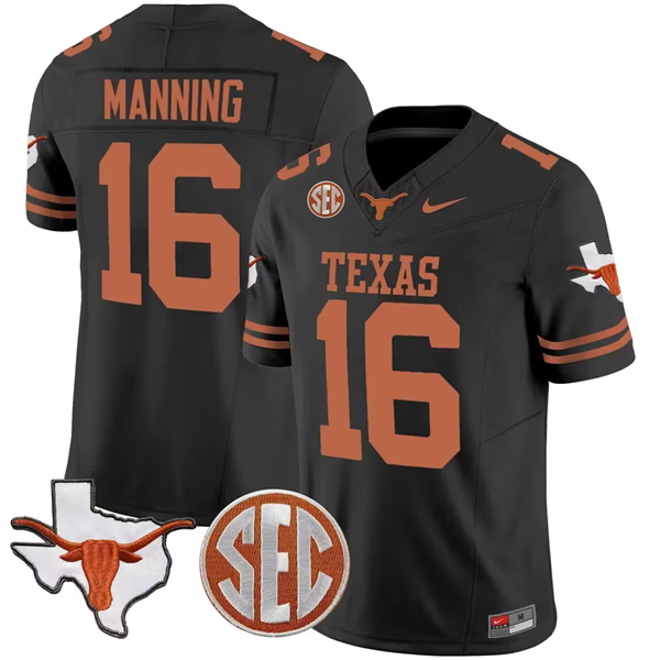 Men's Texas Longhorns #16 Arch Manning Black F.U.S.E. State Map & SEC Patch Stitched Jersey