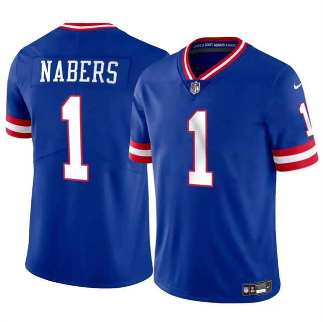 Men's New York Giants #1 Malik Nabers Blue 2024 Draft Throwback F.U.S.E. Vapor Untouchable Limited Stitched Jersey