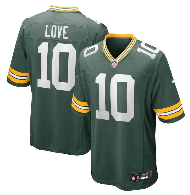 Men's Green Bay Packers #10 Jordan Love Green Stitched Game Jersey