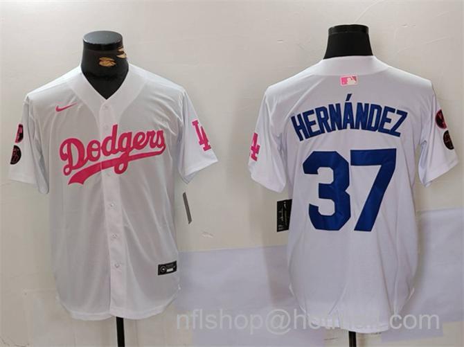 Men's Los Angeles Dodgers #37 Teoscar Hernández White_Pink Vin & Kobe Patch Stitched Baseball Jersey