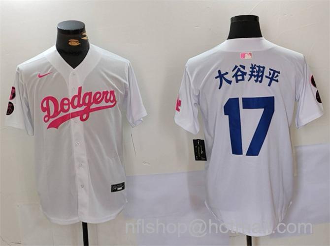 Men's Los Angeles Dodgers #17 大谷翔平 White_Pink Vin & Kobe Patch Stitched Baseball Jersey