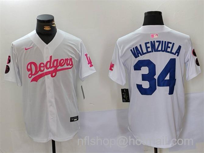 Men's Los Angeles Dodgers #34 Toro Valenzuela White_Pink Vin & Kobe Patch Stitched Baseball Jersey