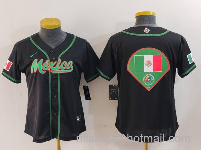 Women's Mexico Baseball Black Team Big Logo 2023 World Baseball Classic Stitched Jersey(Run Small)