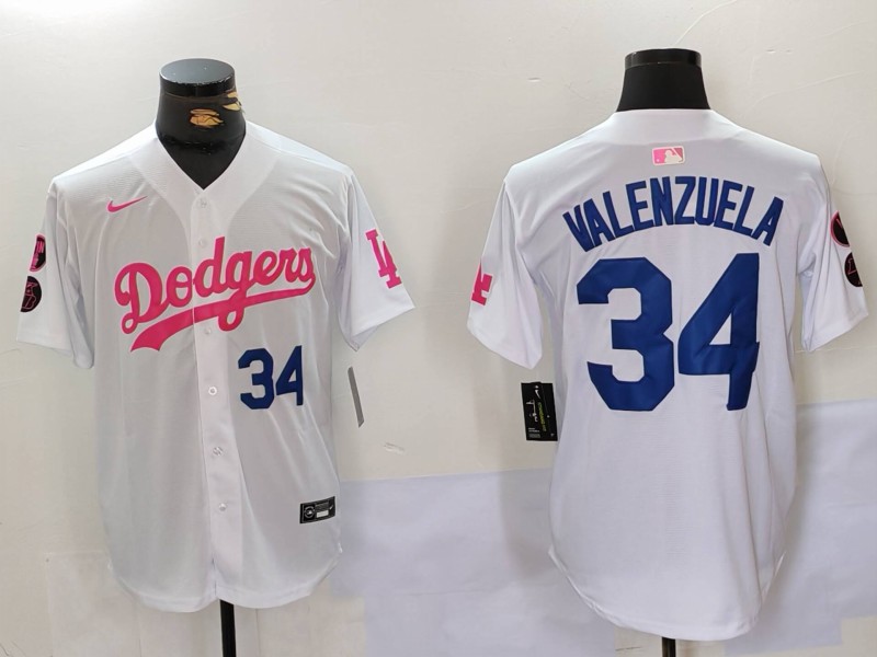 Men's Los Angeles Dodgers #34 Fernando Valenzuela White Pink Vin & Kobe Patch Stitched Baseball Jerseys