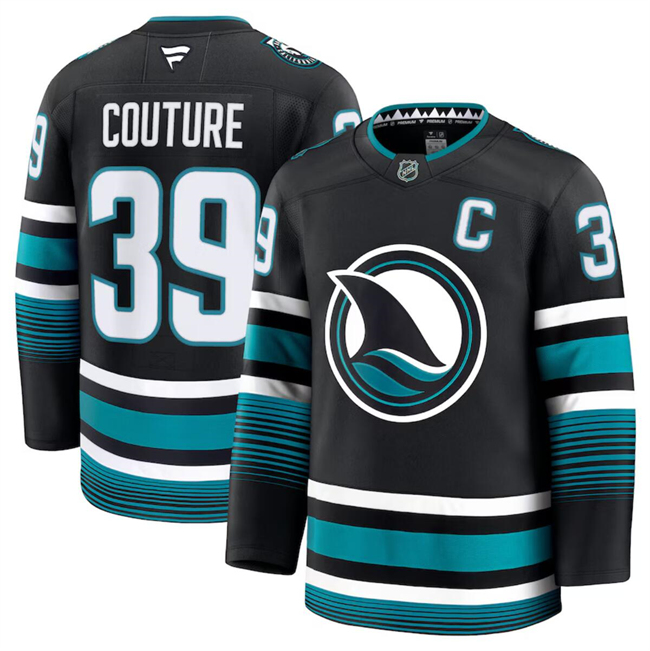 Men's San Jose Sharks #39 Logan Couture Black 2024-25 Stitched Hockey Jersey