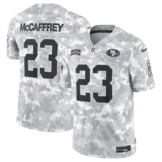 Men's San Francisco 49ers #23 Christian McCaffrey 2024 F.U.S.E Arctic Camo Salute to Service Limited Stitched Football Jersey