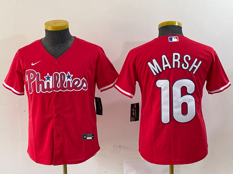 Youth Philadelphia Phillies #16 Brandon Marsh Red Cool Base Stitched Baseball Jersey