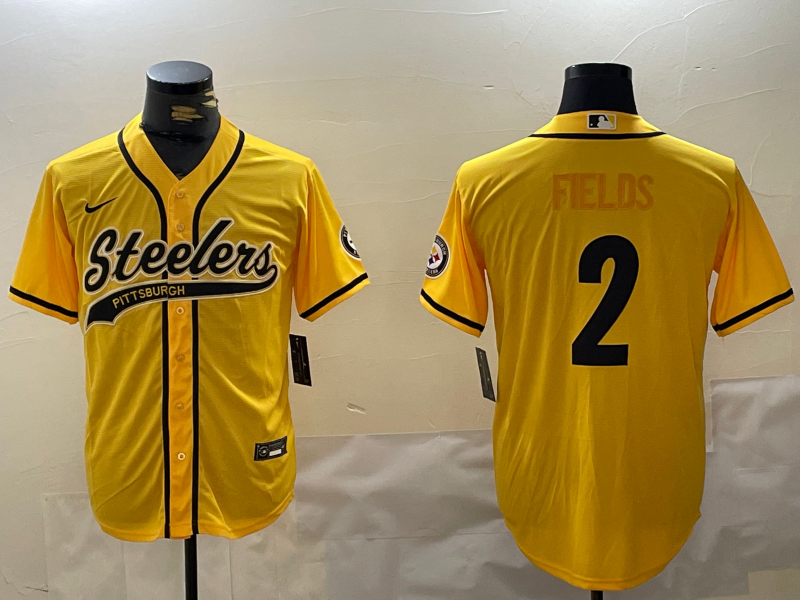 Men's Pittsburgh Steelers #2 Justin Fields Yellow With Patch Cool Base Stitched Baseball Jersey