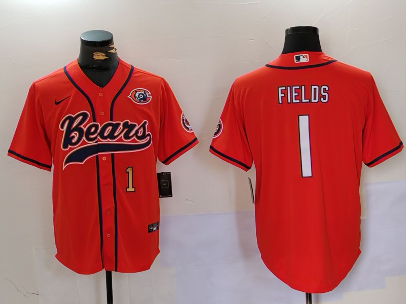 Men's Chicago Bears #1 Justin Fields Orange Throwback With Patch Cool Base Stitched Baseball Jerseys