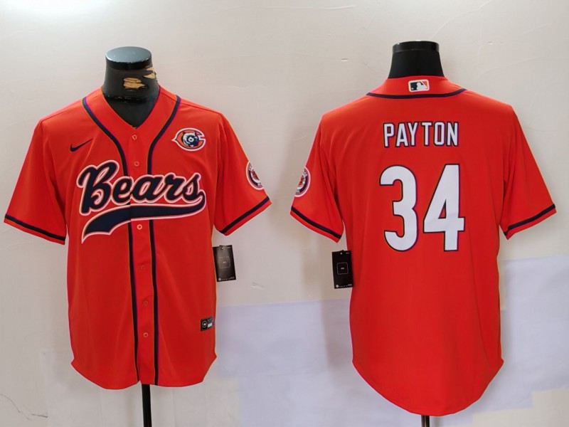 Men's Chicago Bears #34 Walter Payton Orange Throwback With Patch Cool Base Stitched Baseball Jersey