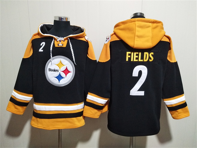 Men's Pittsburgh Steelers #2 Justin Fields Black Ageless Must-Have Lace-Up Pullover Hoodie