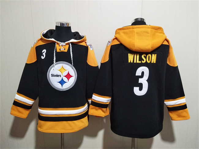 Men's Pittsburgh Steelers #3 Russell Wilson Black Ageless Must-Have Lace-Up Pullover Hoodie