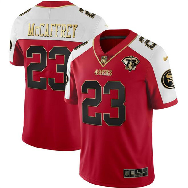 Men's San Francisco 49ers #23 Christian McCaffrey Red Gold With 75th Patch Vapor Limited Football Stitched Jersey