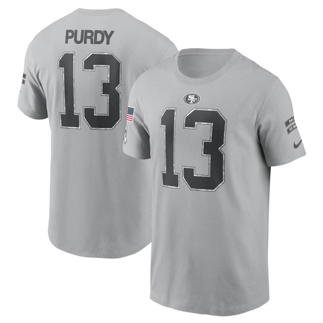 Men's San Francisco 49ers #13 Brock Purdy 2024 Gray Salute To Service Name & Number T-Shirt