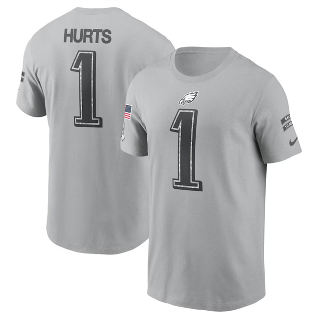 Men's Philadelphia Eagles #1 Jalen Hurts 2024 Gray Salute To Service Name & Number T-Shirt