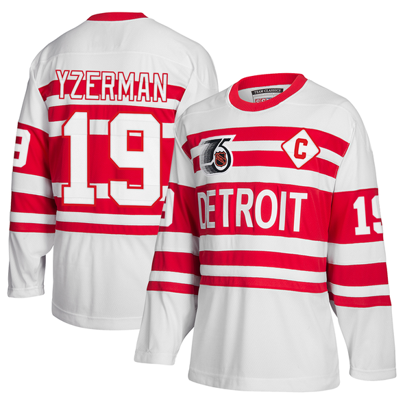 Men's Detroit Red Wings #19 Steve Yzerman White CCM 1991-92 75th Anniversary C Patch Team Classics Hockey Stitched NHL Jersey