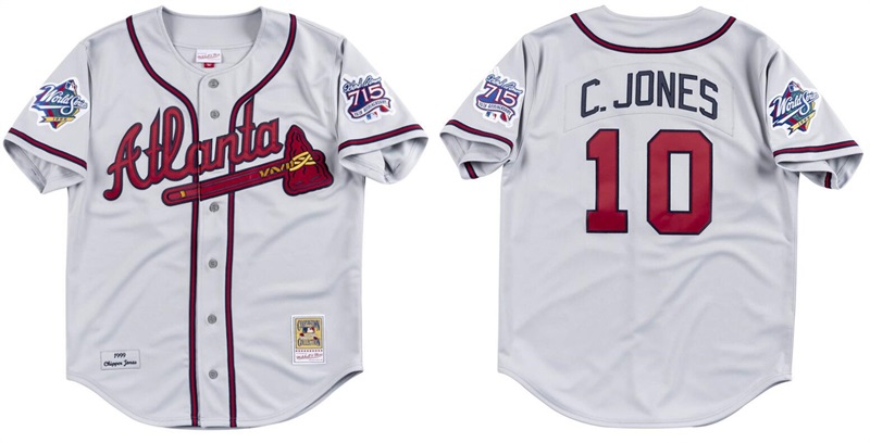 Toddlers Atlanta Braves #10 Chipper Jones White With Hank Aaron's 715th Home Run 25th Anniversary Patch Mitchell & Ness Stitched Baseball Jersey