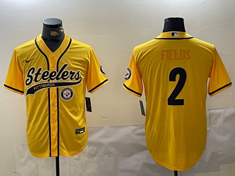 Men's Pittsburgh Steelers #2 Justin Fields Yellow With Patch Cool Base Stitched Baseball Jerseys