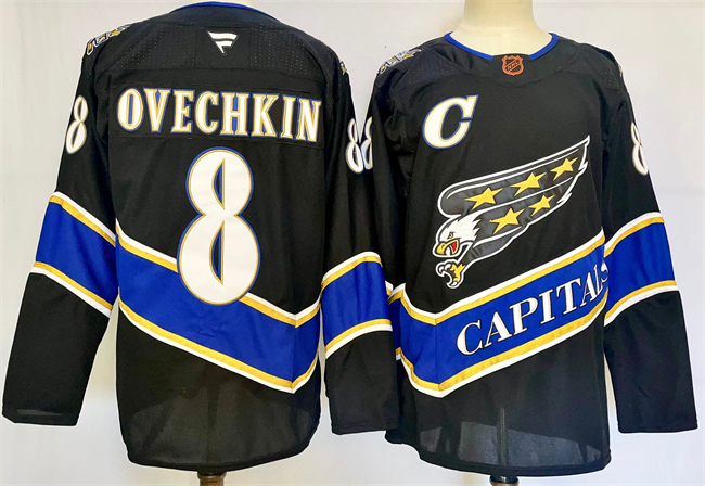 Men's Washington Capitals #8 Alexander Ovechkin Black 2024-25 With C Patch Home Stitched Hockey Jersey