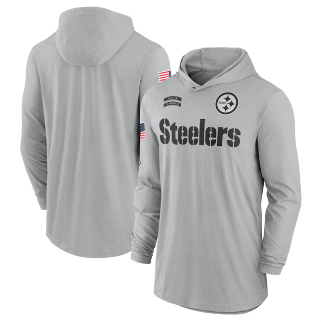 Men's Pittsburgh Steelers 2024 Gray Salute to Service Lightweight Performance Long Sleeve Hooded T-Shirt