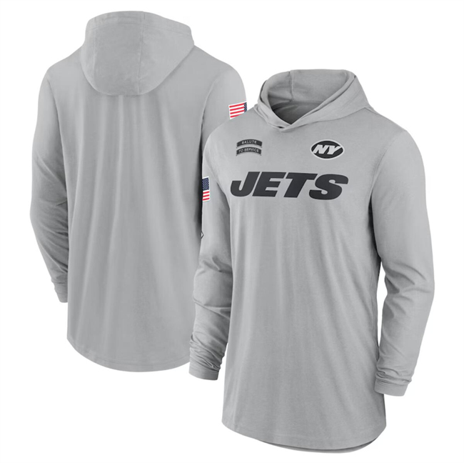 Men's New York Jets 2024 Gray Salute to Service Lightweight Performance Long Sleeve Hooded T-Shirt