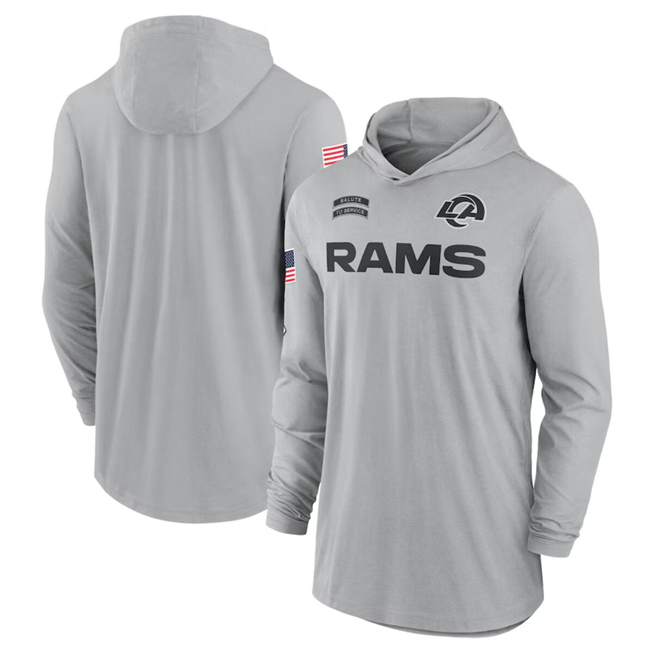 Men's Los Angeles Rams 2024 Gray Salute to Service Lightweight Performance Long Sleeve Hooded T-Shirt