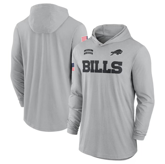 Men's Buffalo Bills 2024 Gray Salute to Service Lightweight Performance Long Sleeve Hooded T-Shirt