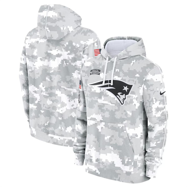 Men's New England Patriots 2024 Arctic Camo Salute to Service Club Fleece Pullover Hoodie