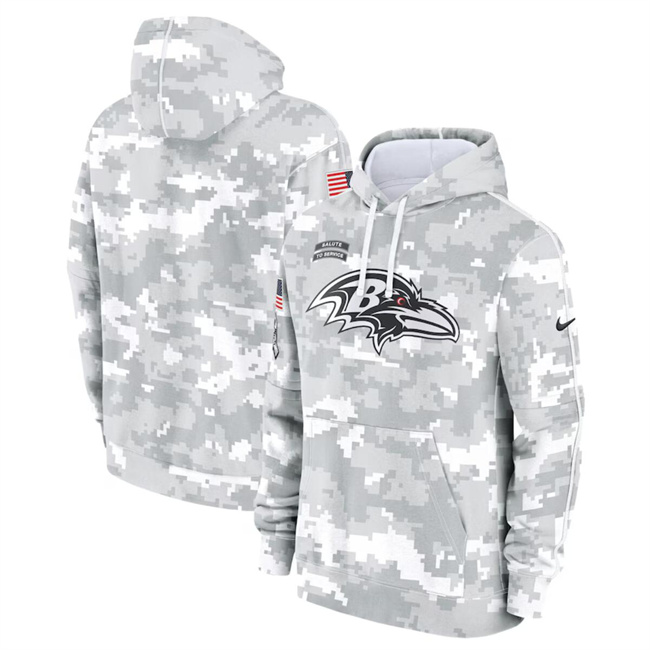 Men's Baltimore Ravens 2024 Arctic Camo Salute to Service Club Fleece Pullover Hoodie