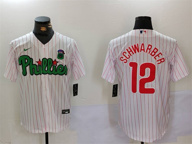 Men's Philadelphia Phillies #12 Kyle Schwarber White_Green Cool Base Stitched Jersey