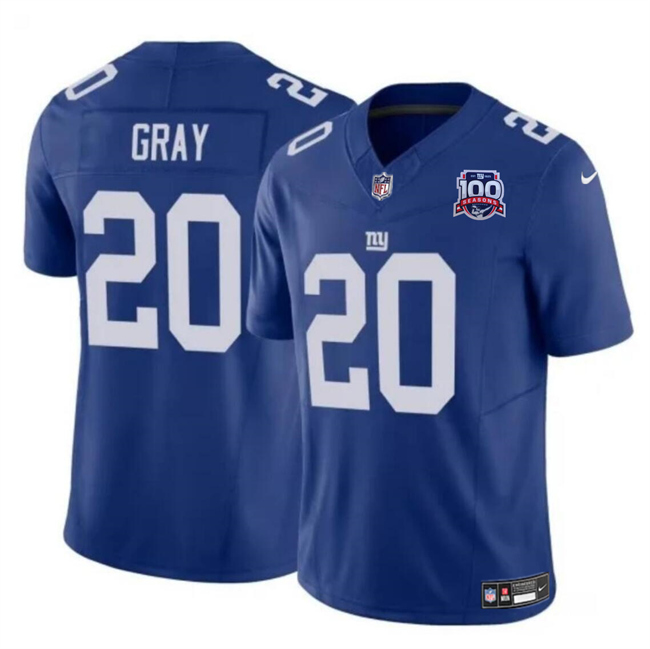 Men's New York Giants #20 Eric Gray Blue 2024 F.U.S.E. 100TH Season Patch Vapor Untouchable Limited Stitched Jersey