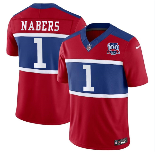 Men's New York Giants #1 Malik Nabers Red 2024 F.U.S.E. Alternate 100TH Season Patch Vapor Untouchable Limited Stitched Jersey