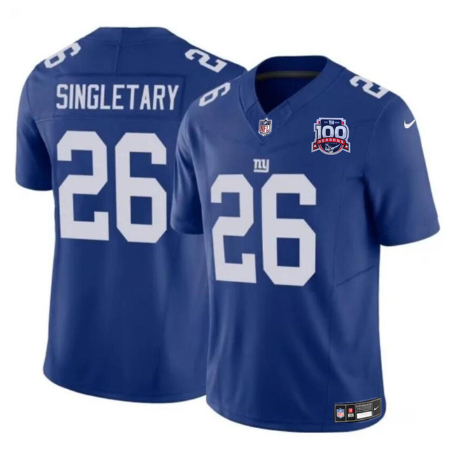 Youth New York Giants #26 Devin Singletary Blue 2024 F.U.S.E. 100TH Season Patch Vapor Untouchable Limited Stitched Jersey