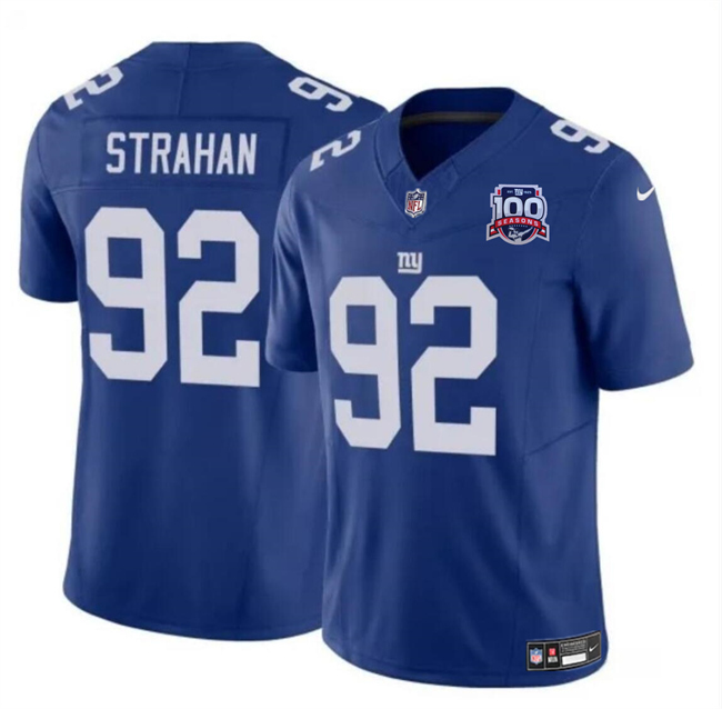 Youth New York Giants #92 Michael Strahan Blue 2024 F.U.S.E. 100TH Season Patch Vapor Untouchable Limited Stitched Jersey