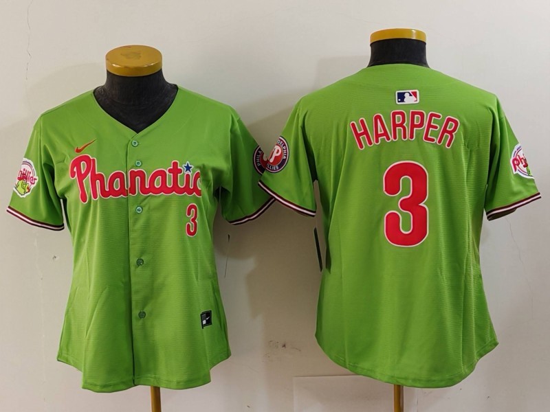 Women's Philadelphia Phillies #3 Bryce Harper Green With Patch Stitched Baseball Jersey(Run Small)