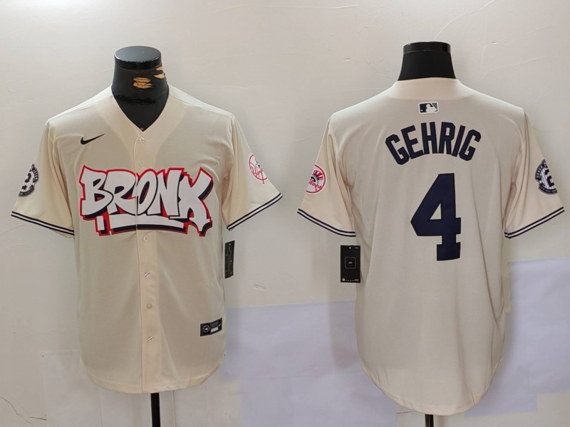 Men's New York Yankees #4 Lou Gehrig Cream The Bronx Graffiti Vapor Limited Stitched Baseball Jersey V2