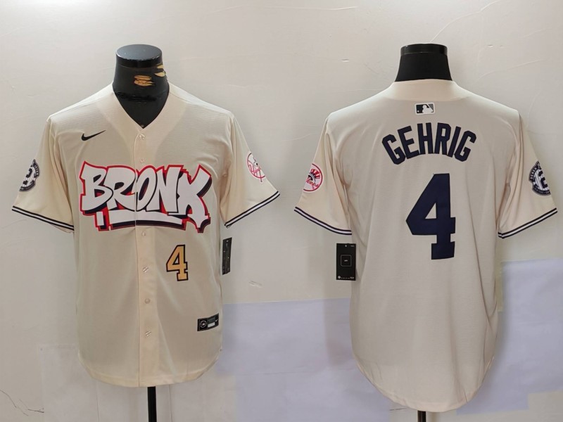 Men's New York Yankees #4 Lou Gehrig Cream The Bronx Graffiti V2 Vapor Limited Stitched Baseball Jersey