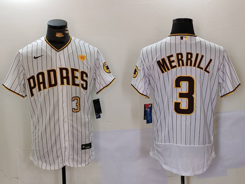 Men's San Diego Padres #3 Jackson Merrill White With PS Patch Stitched Flex Base Jerseys