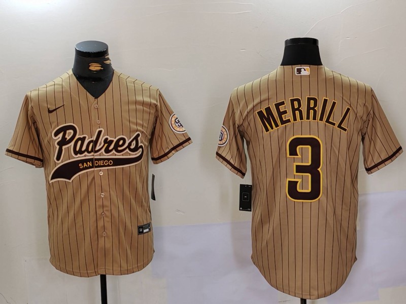 Men's San Diego Padres #3 Jackson Merrill Tan 2023 Cool Base Stitched MLB Jersey