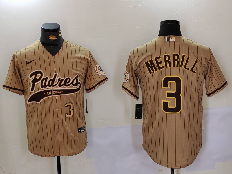 Men's San Diego Padres #3 Jackson Merrill Number Tan 2023 Cool Base Stitched Jerseys